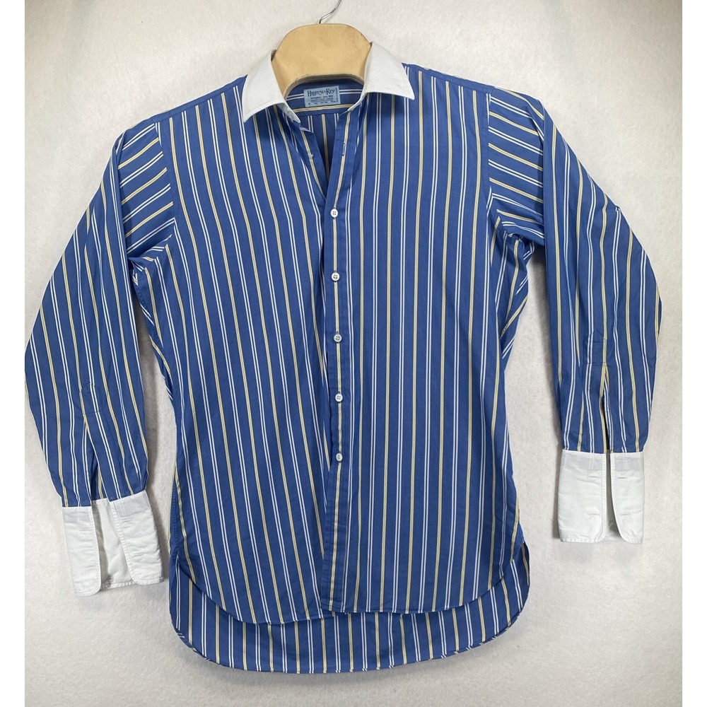 Hilditch & Key Men's Dress Shirt French Cuff, Blue Striped Large C105